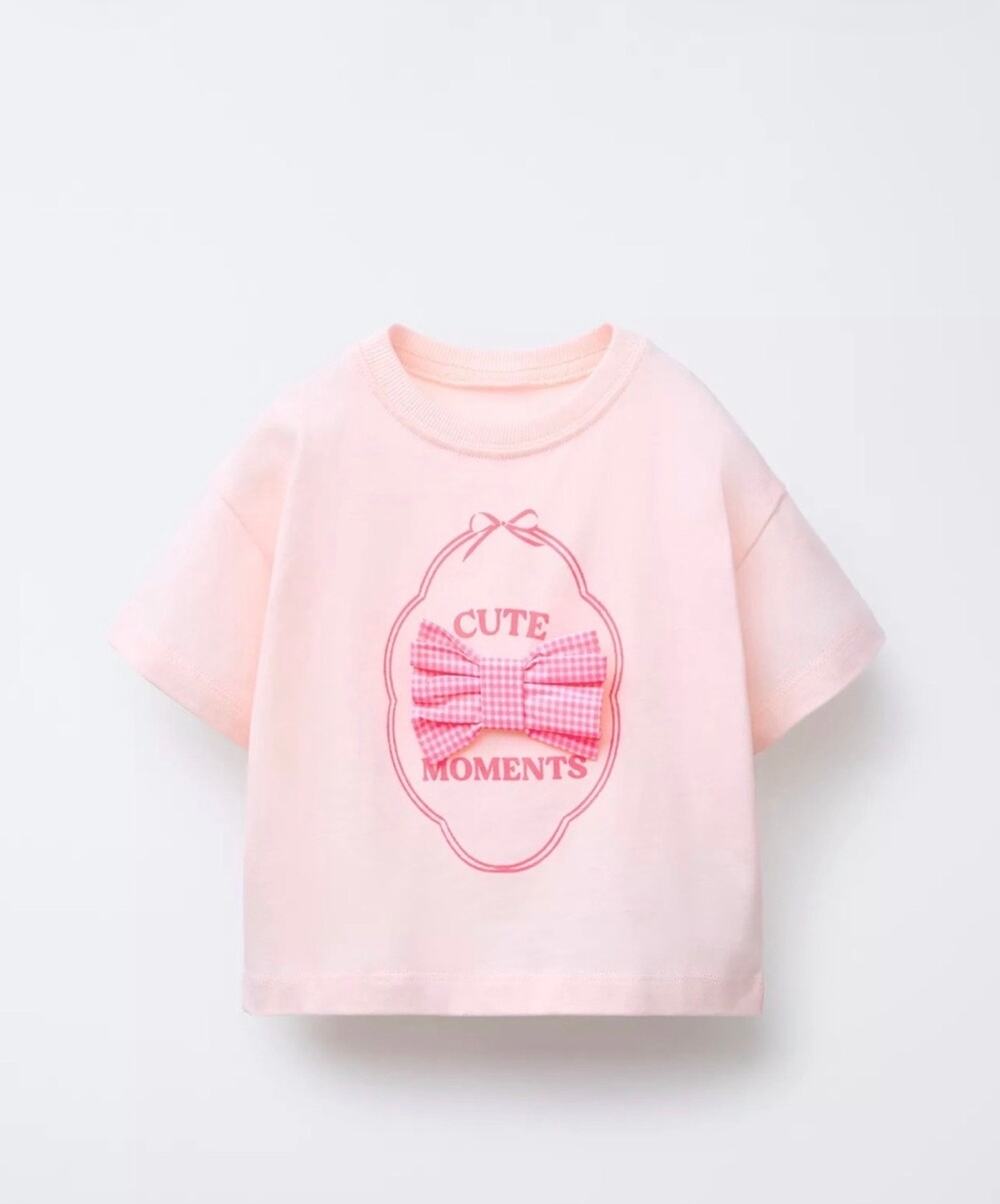 Zara Graphic T-Shirt Pink Short Sleeve Bow Cute Moments
